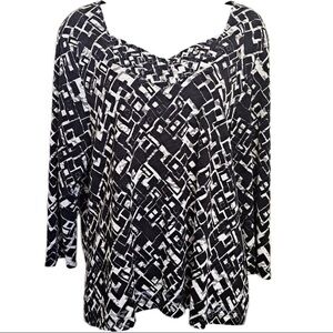 JM Collection Womens Blouse In Bloom 2x Black White Block Geo Top NEW NWT